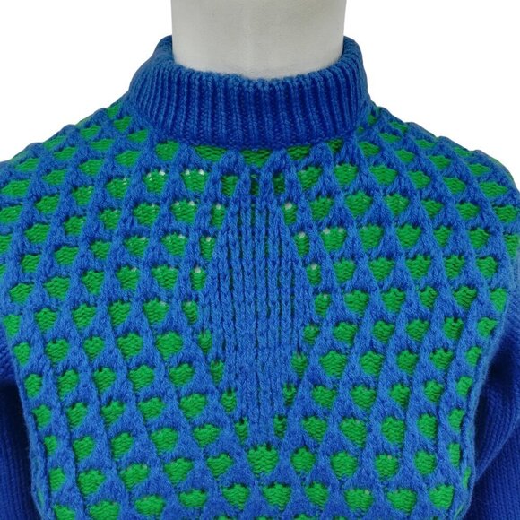 Vintage 70s Windowpane Diamond 3-D Knit Mock Neck 100% Wool Sweater Size XS? - Picture 2 of 9